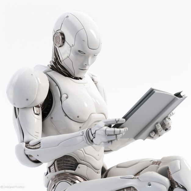 künstliche Intelligenz humanoider Roboter liest ein Buch isoliert auf weißem Hintergrund