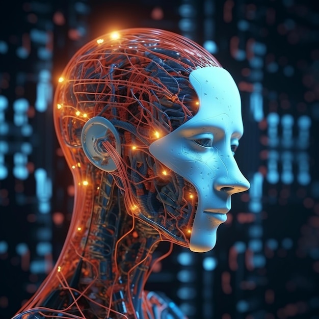 Künstliche Intelligenz im humanoiden Kopf mit neuronalem Netzwerk denkt futuristische moderne 3D-Illustrationen