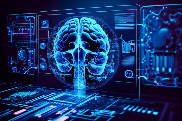 Künstliche Intelligenz im Konzept der intelligenten Krankenhaustechnologie im Gesundheitswesen. Biomedizinischer KI-Algorithmus und maschinelles Lernen erkennen Lungenentzündung und Krebszellen in der Röntgenprozessreinigung. Foto in hoher Qualität