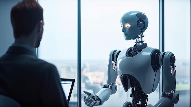 Künstliche Intelligenz KI oder humanoide Roboter im Gespräch mit Menschen Beratung und fundierte Beratung während der Projektentwicklung KI-Generierung