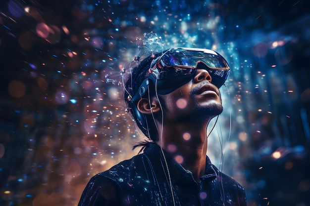 Künstliche Intelligenz Mann mit VR-Brille virtuelle globale Welt-Internetverbindung