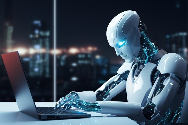 Künstliche Intelligenz Roboter nutzt einen Laptop Zukunftstechnologie Interaktion erstellt mit Genera