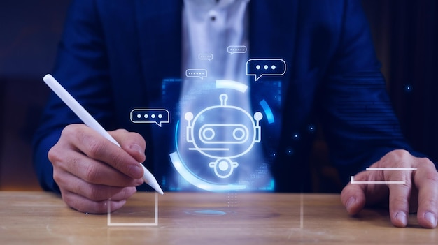 Künstliche Intelligenz Technologie Konzept Geschäftsmann hält eine leuchtende Glühbirne mit KI
