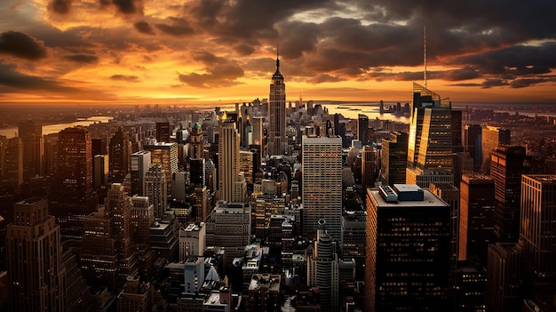 Künstliches Foto einer Stadt bei Sonnenuntergang mit Blick auf die generative KI des Empire State Building