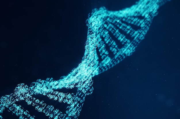 Künstliches Intelligenz-DNA-Molekül. Konzept Binärcode-Genom. Abstrakte Technologiewissenschaft, Konzept künstliche DNA. 3D-Darstellung