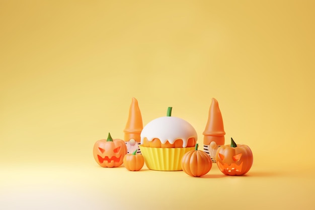 Kürbis-Cupcake 3D-Illustration mit weißem Zuckerguss und niedlichen Gnomen für kommendes Halloween