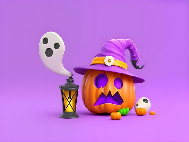 Kürbis-Halloween-Charakter trägt einen Hut und eine mystische Laterne, die von der KI generiert wurde