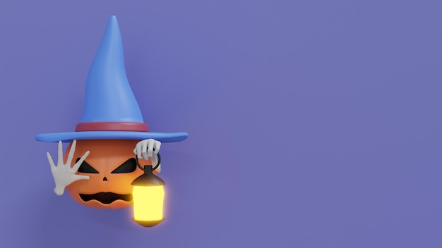 Kürbis in einem Hut, der Laterne hält. Stilisierte Halloween-3D-Darstellung.