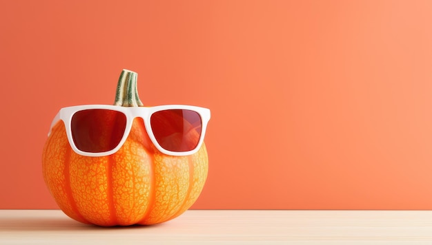 Kürbis mit Sonnenbrille auf Holztisch und orangefarbenem Hintergrund mit Kopierplatz