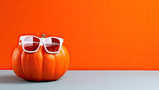 Kürbis mit Sonnenbrille auf orangefarbenem Wandhintergrund Halloween-Konzept