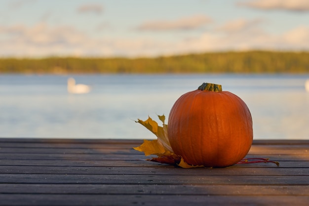 Kürbis und Herbstlaub auf Holzbrettern mit See im Hintergrund.