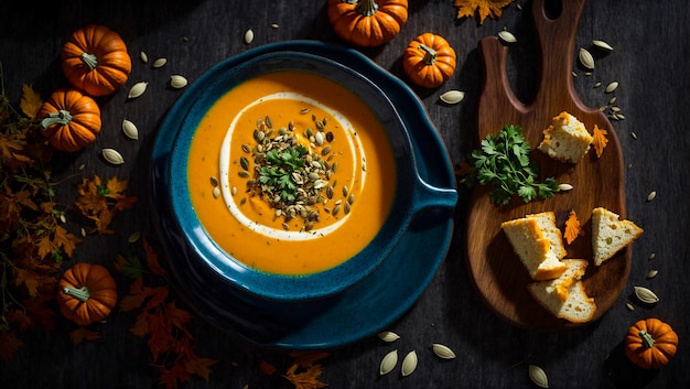 Kürbiscremesuppe auf einem alten Hintergrund, Kürbiskerne, Petersilienzweig