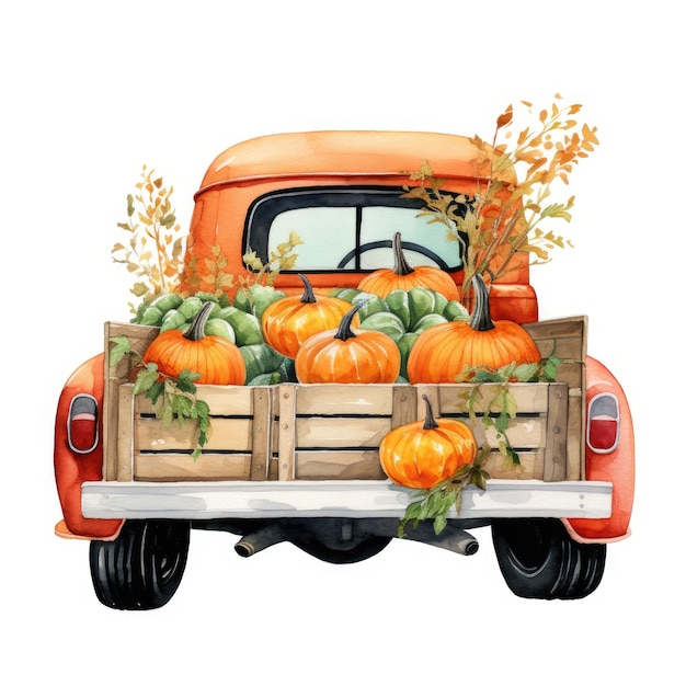 Kürbisernte Eine bezaubernde Aquarell-Illustration eines alten Pickup-Trucks voller Herbstbouquet