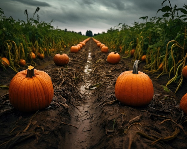 Kürbisfeld auf dem Bauernhof, biologisch, gentechnikfrei, bei herbstlichem, regnerischem, kaltem Wetter