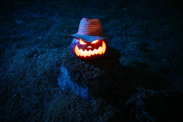 Kürbislaterne mit einem erschreckend geschnitzten Gesicht in einem Hut auf einem Moosstumpfkonzept des Halloween-Urlaubs