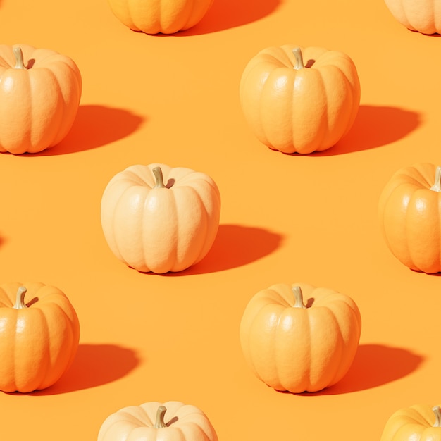 Kürbismuster auf orangem Hintergrund für Werbung an Herbstferien oder Verkäufen, 3D-Rendering