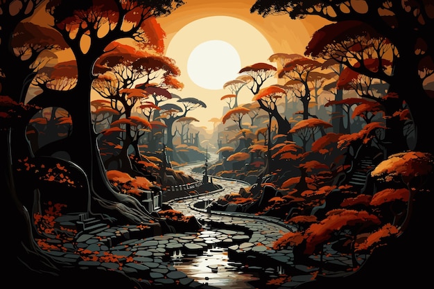 Kürbisse auf einem verzweigten Baum im Herbstwald Digitale Illustration Halloween-Szene