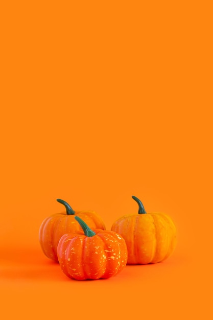 Kürbisse auf orangefarbenem Hintergrund Platz für Text Hintergrund für Design