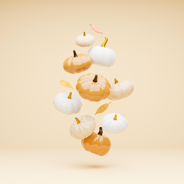 Kürbisse beige und weiße minimalistische glänzende Dekorationen für Herbst und Halloween Levitation kreative 3D-Darstellung
