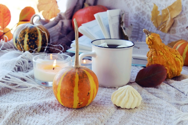 Kürbisse eine Tasse Kaffee Herbstlaub brennende Kerzen und ein offenes Buch Thanksgiving