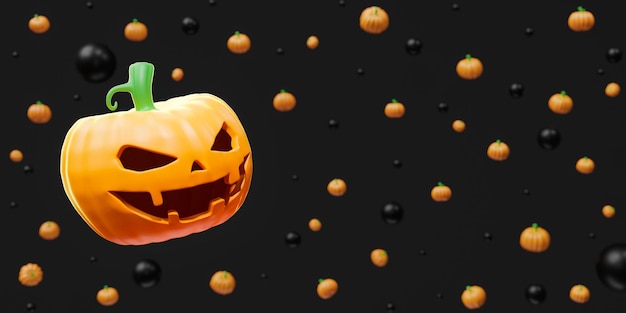 Kürbisse Halloween Jack O'Lantern. 3D-Darstellung, schwarzer Hintergrund, Muster