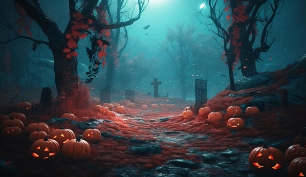 Kürbisse im Friedhof in der gespenstischen Nacht Halloween-Kulisse