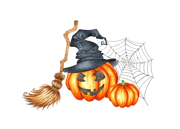 Kürbisse mit einem wütenden orangefarbenen Gesicht tragen einen Hexenhut mit Spinnwebe und einem Besen Aquarell-Illustration Traditionelle Halloween-Tag der Toten-Dekorationen isoliert auf dem Hintergrund Kürbissen-Lampe