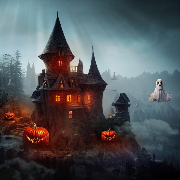 Kürbisse mit Hexenschloss Halloween Hintergrund 3D-Darstellung
