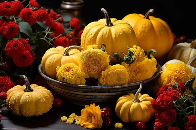 Kürbisse mit roten und gelben Blumen Herbstkomposition auf HolzhintergrundGenerative KI