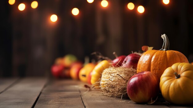 Kürbisse, Äpfel und Mais auf rustikalem Erntetisch-Hintergrund, generative KI