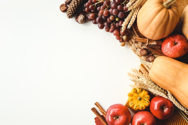 Kürbisse und bunte Herbstdekorationen auf weißem Hintergrund