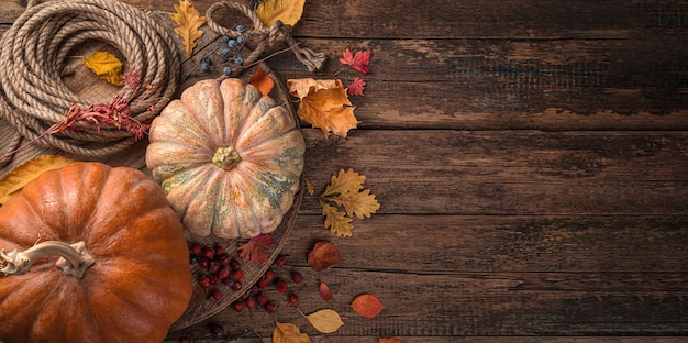 Kürbisse und Herbstlaub auf einem hölzernen Hintergrund