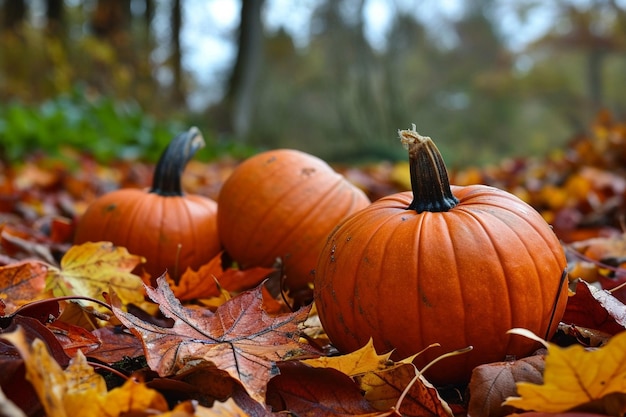 Foto kürbisse unter bunten herbstblättern