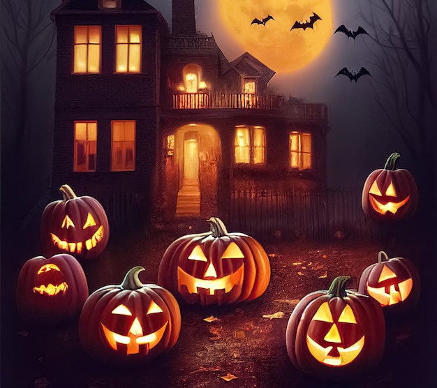 Kürbisse von Jack O' Lanterns, die in der gruseligen mysteriösen Halloween-Nacht leuchten, digitale 3D-Illustration