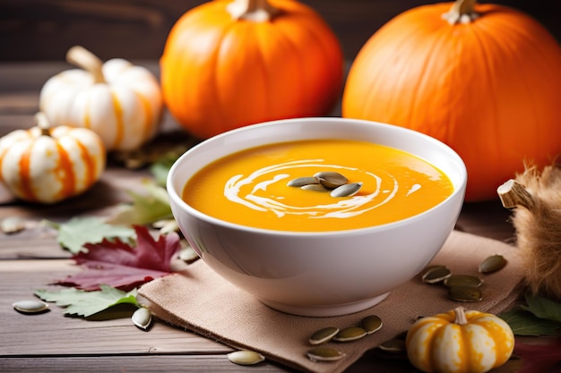 Kürbissuppe auf einem Teller mit orangefarbenen Kürbissen und trockenen Blättern auf Holzgrund