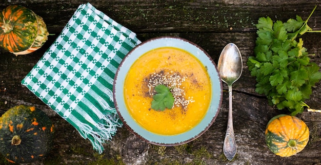 Kürbissuppe auf Holztisch-Herbstgericht