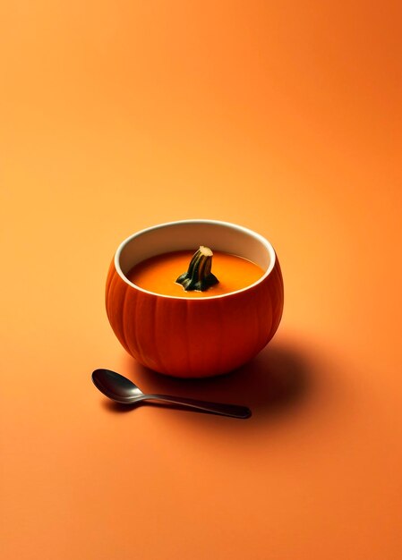 Kürbissuppe in einer Schüssel mit Löffel auf orangefarbenem Hintergrund. AI generiert