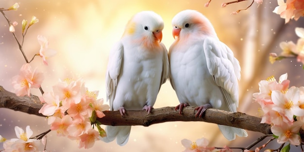 Küssende Liebesvögel auf dem Blumenzweig