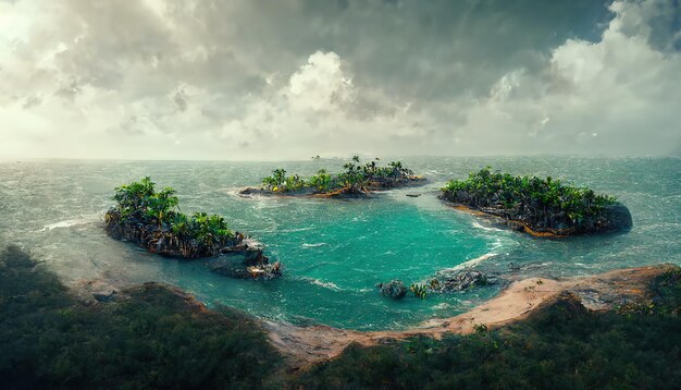 Küste der Insel mit Strandpalmen und Felsen im Meer unter einem bewölkten Himmel 3D-Darstellung