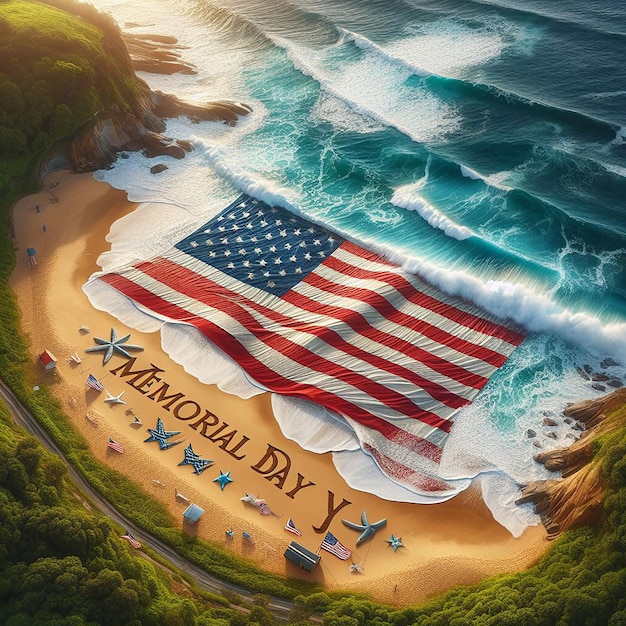 Küste Schönheit Wellen Crash amerikanische Flagge weht hoch Memorial Day in Sand geschrieben