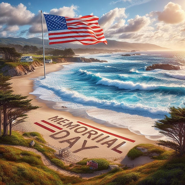 Küste Schönheit Wellen Crash amerikanische Flagge weht hoch Memorial Day in Sand geschrieben