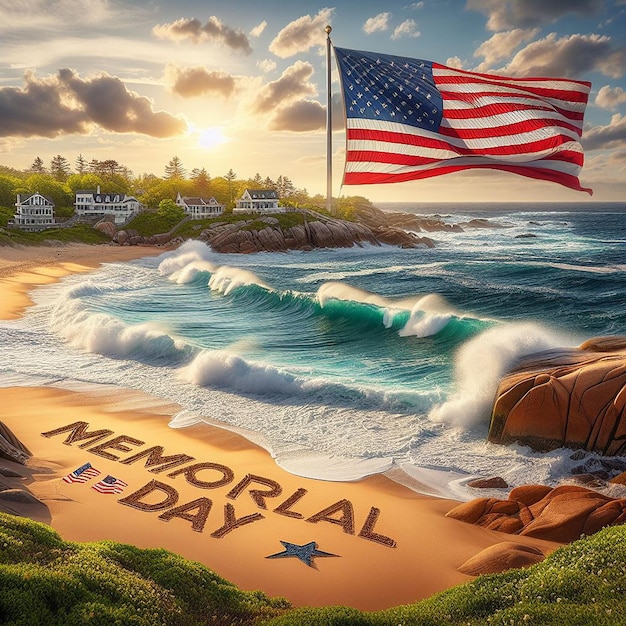 Küste Schönheit Wellen Crash amerikanische Flagge weht hoch Memorial Day in Sand geschrieben