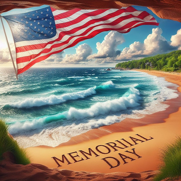Küste Schönheit Wellen Crash amerikanische Flagge weht hoch Memorial Day in Sand geschrieben