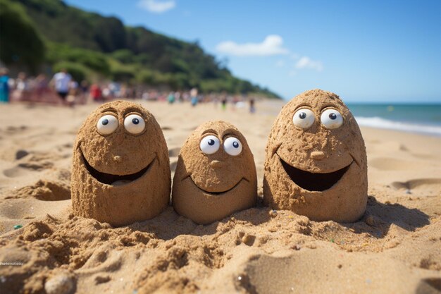 Foto küstenfamilie familiengesichtssymbol am sandstrand, der viel platz zum kopieren bietet