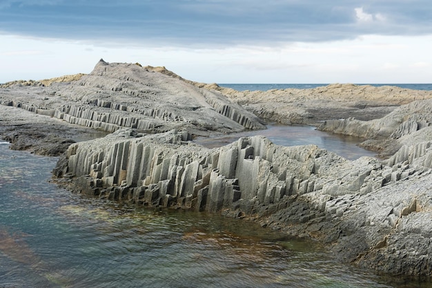 Foto küstenlandschaft mit wunderschönen säulenförmigen basaltfelsen bei ebbe