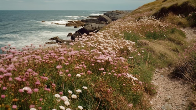 Küstenlinie bedeckt mit rosa Blumen am Meer Generaitve AI