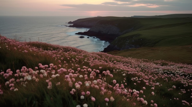 Küstenlinie bedeckt mit rosa Blumen am Meer Generaitve AI