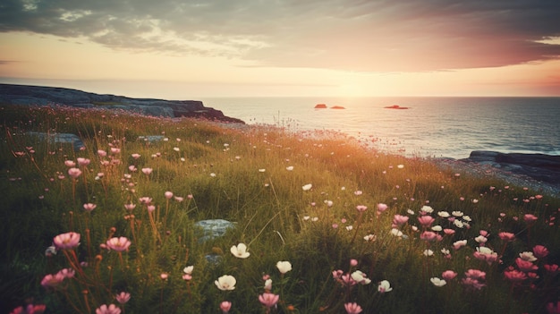 Küstenlinie bedeckt mit rosa Blumen am Meer Generaitve AI