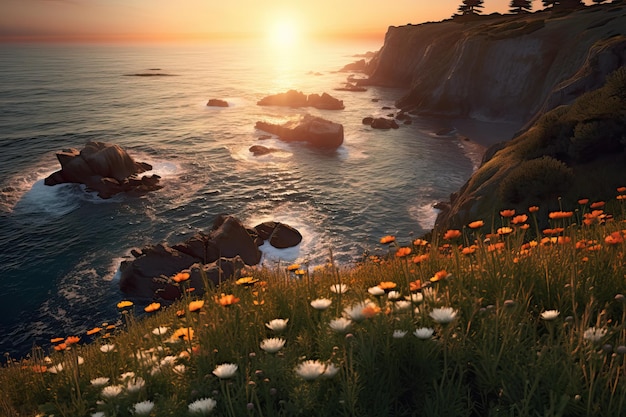 Küstennatur-Schönheits-Blumen-Meer und Sonnenuntergang