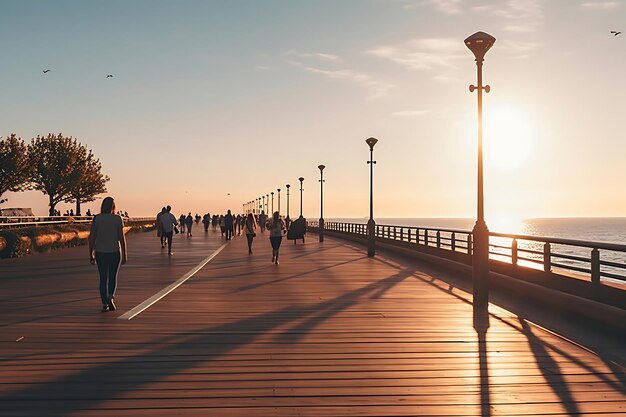 Foto küstenpromenade mit menschen, die bei sonnenuntergang spazieren gehen